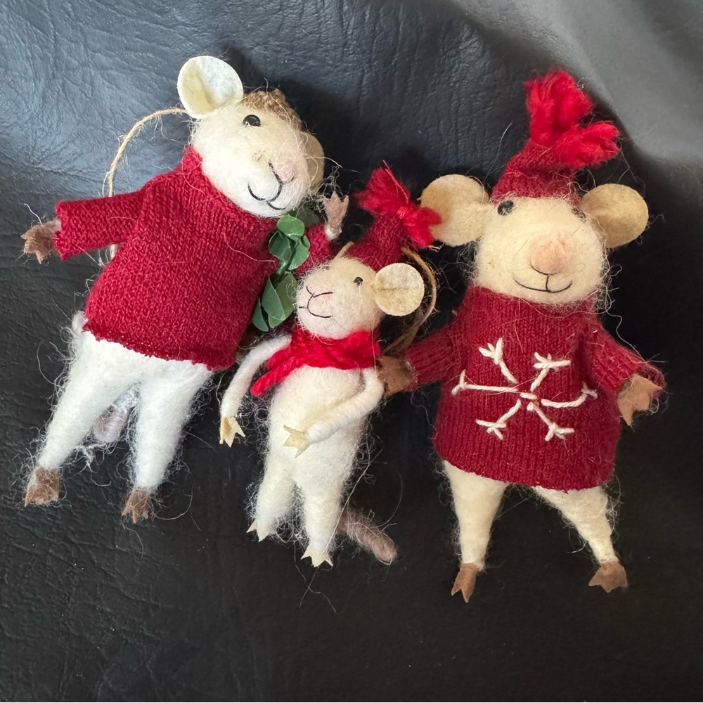 Three handmade mice Xmas Ornaments